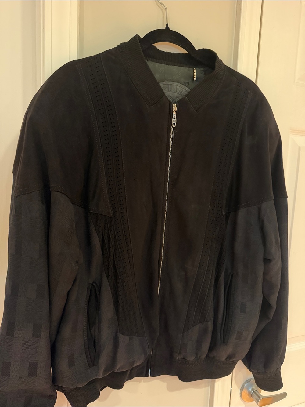 Men's Black Bomber Jacket - Suede & Textured Panels Sz 42